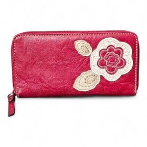 Axcess Liz Claiborne Floral Applique Zip Around Long Bi-Fold Red Satchel Wallet